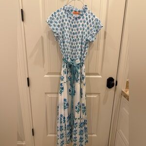 Oliphant Ruffle Collar Blue and White Floral Maxi Dress. Size Small